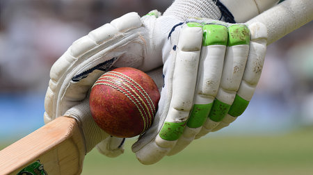 A close-up view of a cricketer's hand gripping a bat and holding a ball, showcasing the protective gloves and the vibrant field in the background.の素材