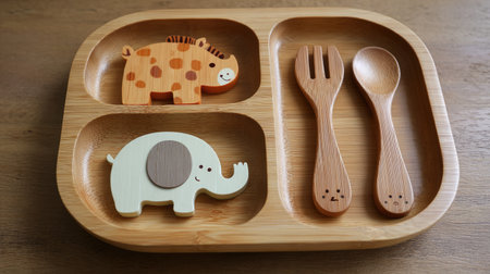 This delightful wooden feeding tray features colorful animal-shaped figurines, a fork, and a spoon, making mealtime enjoyable and engaging for toddlers.の素材