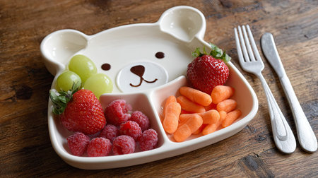 A playful bear-shaped plate filled with fresh strawberries, raspberries, grapes, and carrots, ideal for making healthy meals fun for children.の素材