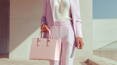A poised business woman exudes confidence in a soft pink suit, holding a stylish handbag against a backdrop of modern architecture, highlighting professional elegance.の素材