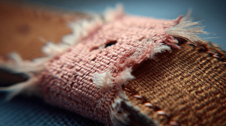 This close-up image reveals the intricate details of a frayed fabric strap showcasing soft pink and brown colors. Ideal for textile enthusiasts.の素材