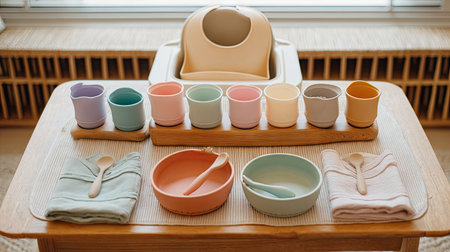 A beautifully arranged baby dining set featuring colorful bowls, plates, and cups paired with utensils on a wooden table, perfect for mealtimes.の素材