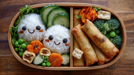 This vibrant bento box features adorable smiling rice balls paired with fresh vegetables, colorful spring rolls, and a touch of creativity for a delightful meal.の素材