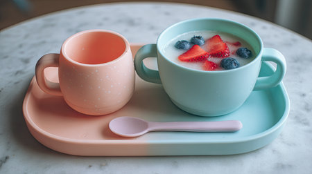 A vibrant breakfast scene featuring creamy yogurt topped with fresh strawberries and blueberries, served in soft pastel tableware on a sleek marble surface.の素材