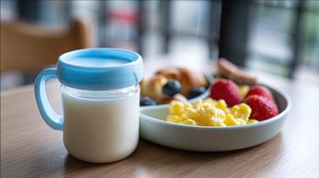 A colorful breakfast scene featuring milk, scrambled eggs, fresh fruits, and a variety of pastries, perfect for starting the day right in a cozy cafe.の素材