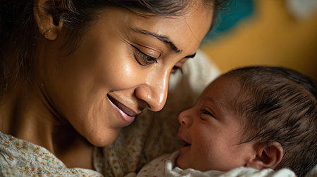A heartwarming portrait capturing the intimate bond between a mother and her newborn, showcasing love and joy in a warm, serene indoor setting.の素材
