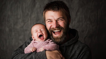 A heartwarming portrait of a joyful father holding his laughing baby, creating a beautiful moment of laughter and connection against a textured background.の素材