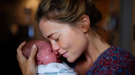 A heartwarming scene capturing a mother gently embracing her newborn baby in a hospital. The soft light enhances their emotional bond, symbolizing love and care.の素材