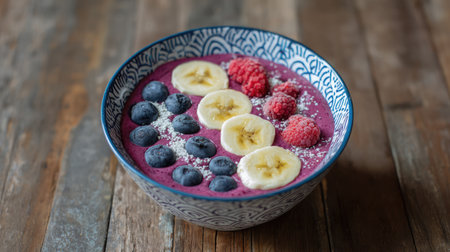 A vibrant smoothie bowl served in a decorative ceramic bowl, featuring bananas, blueberries, raspberries, and coconut flakes, perfect for a healthy breakfast.の素材