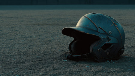 A close-up view of a worn baseball helmet resting on a dusty ground during dusk, illuminated by soft ambient light, capturing a sense of nostalgia and solitude.の素材