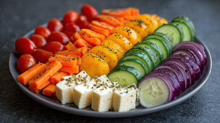A vibrant and colorful platter featuring fresh vegetables and cheese artfully arranged, perfect for healthy snacking or social gatherings.の素材