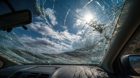 A dramatic view through a shattered windshield with bright sunlight and dynamic clouds, showcasing the power of nature and the impact of unforeseen events.の素材