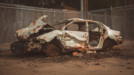 A close-up view of an abandoned and rusted car in a junkyard, highlighting the decay and neglect of vehicles in an urban environment.の素材