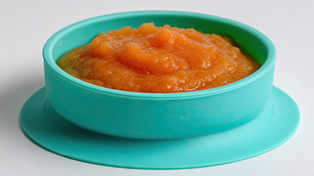 This image features a smooth and creamy orange puree presented in a bright turquoise bowl. The vibrant color contrasts beautifully with the white background, making it a visually appealing choice for food-related themes. Ideal for showcasing healthy eating or culinary applications.の素材