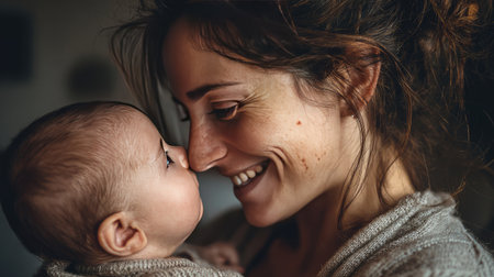 A heartwarming scene of a mother joyfully connecting with her baby in a cozy atmosphere, capturing the pure essence of love and motherhood.の素材