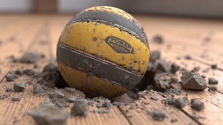 A worn yellow basketball rests half-buried in dust and debris on a wooden floor, capturing the essence of sports equipment wear, nostalgia, and impact on play.の素材