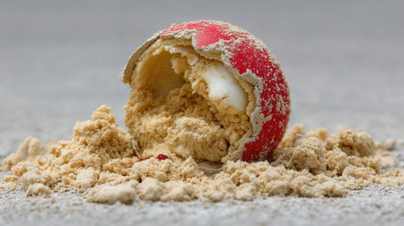 A close-up view of a cracked eggshell resting on a sandy surface, showcasing the intricate details of texture and colors in natural lighting.の素材