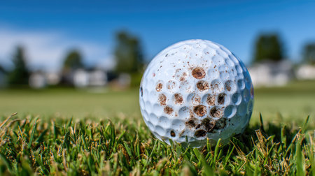 This close-up image features a dirty golf ball resting on lush green grass under a clear blue sky, showcasing the imperfections and texture of the ball, ideal for sports-related projects.の素材
