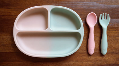 This stylish divided plate features soft colors with matching spoon and fork, designed for kidsの素材