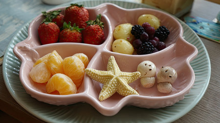A vibrant assortment of fresh fruits including strawberries, melon, and grapes displayed in a decorative plate, accompanied by whimsical starfish and mushroom figures, perfect for summer gatherings and healthy snacking.の素材