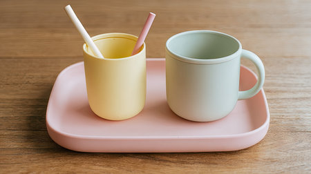 A charming scene showcasing a minimalist kitchenware set featuring pastel-colored cups and straws arranged on a tray, perfect for modern decor.の素材