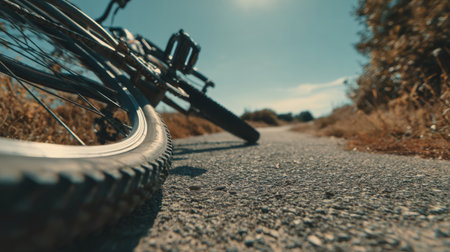 A close-up view of a bicycle resting on a sunlit pathway, surrounded by nature. The image captures a moment of peace, perfect for outdoor enthusiasts.の素材