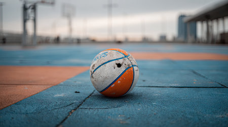 A close-up view of a worn basketball resting on a colorful outdoor court, showcasing vibrant orange and blue surfaces under a moody sky, perfect for sports themes.の素材
