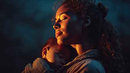 A serene moment captured as a mother lovingly embraces her sleeping baby, enveloped in soft light that highlights their intimate connection and warmth.の素材