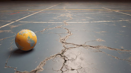 An abandoned gymnasium features a cracked sports floor with a bright globe, highlighting themes of decay, isolation, and global awareness.の素材