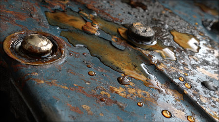 This close-up image captures a rusty metal surface, showcasing intricate details of corrosion and oil stains. The visual composition emphasizes aging textures.の素材