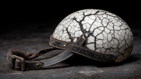 A fascinating vintage helmet displaying a unique cracked surface, crafted with a leather strap. This item exudes historical charm, perfect for artistic presentations.の素材