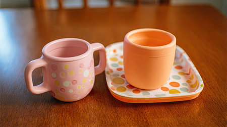 Brighten up mealtime with these fun and colorful cups and tray. Perfect accessories for children's beverages, designed to be safe, lightweight, and cheerful.の素材