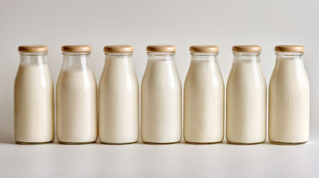 A visually appealing arrangement of glass bottles filled with fresh milk, featuring wooden lids. This image highlights natural dairy products, ideal for various culinary applications and a healthy lifestyle. Perfect for food blogs, advertisements, and lifestyle content.の素材