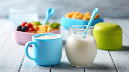 Colorful healthy snack setup featuring yogurt and fresh fruits in playful containers, perfect for nutritious breakfast or lunch options on wooden table.の素材