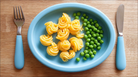 A vibrant plate featuring twisted pasta in a playful design accompanied by fresh green peas, perfect for children's meals or a lively dining experience.の素材