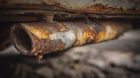 This close-up photograph captures a rusted exhaust pipe, showcasing detailed corrosion and textures. Perfect for industrial themes, vehicle repairs, and decayed aesthetics.の素材