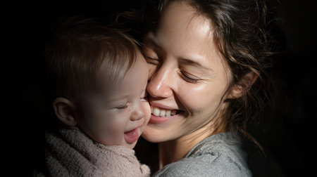A heartwarming moment captures a mother smiling joyfully with her baby, showcasing their deep bond and affection in beautiful soft natural light.の素材