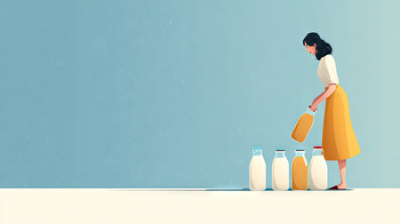 A minimalist scene depicts a woman pouring milk from a bottle, complemented by a pastel background, emphasizing clean lines and a modern aesthetic.の素材