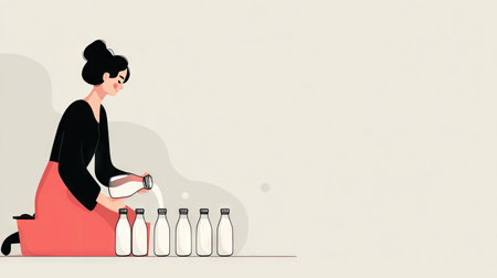 A minimalist illustration showcasing a woman kneeling and thoughtfully arranging milk bottles, evoking themes of simplicity, care, and lifestyle.の素材