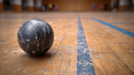 A close-up view of a vintage black ball resting on a wooden gym floor. The image captures the textures and lines of the surface with a blurred background.の素材