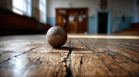 A captivating image of a rustic wooden floor in an abandoned gymnasium, featuring a single ball resting on the surface, evoking feelings of nostalgia and history.の素材