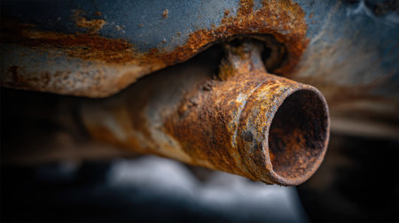 This close-up image captures the intricate details of a rusted exhaust pipe, showcasing texture and corrosion on the metal surface in an automotive setting.の素材