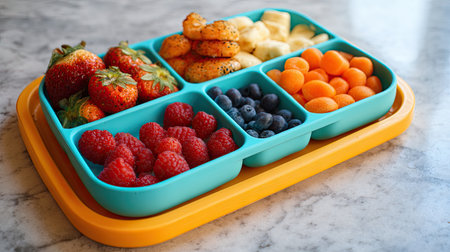 A vibrant arrangement of fresh fruits in a divided tray, featuring strawberries, raspberries, blueberries, and melon cubes, perfect for healthy snacking.の素材