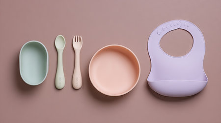 This colorful silicone baby tableware set includes a spoon, fork, bowl, and bib designed for infants and toddlers' mealtime needs. Ideal for safe feeding.の素材