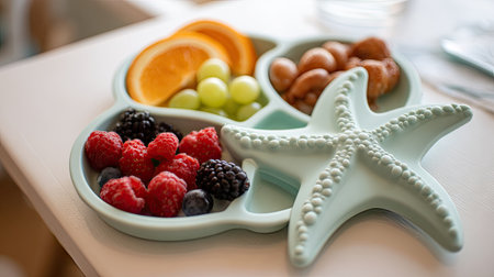 A delightful assortment of fresh fruits and nuts displayed on a charming starfish-shaped plate, perfect for healthy snacking. Ideal for vibrant indoor dining.の素材