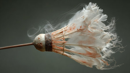 This close-up image captures an artistic shuttlecock, showcasing intricate detailing of feathers and a wooden base on a muted background.の素材