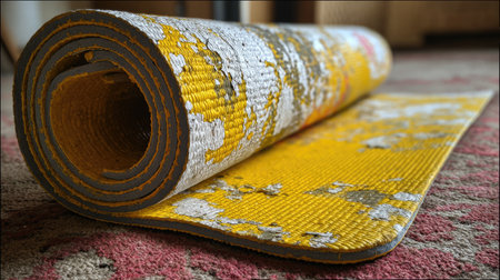 A rolled yoga mat rests gracefully on a colorful carpet, creating a serene atmosphere in a cozy living space, ideal for fitness and relaxation activities.の素材