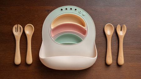 Explore this vibrant baby feeding set featuring a bowl and wooden utensils, perfect for fostering healthy eating habits during toddler meals.の素材