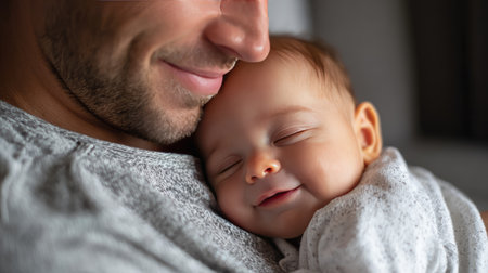 A tender moment captured between a father and his baby, showcasing love and warmth. The smile on the baby's face reflects pure joy in parenting and connection.の素材