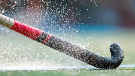This dynamic close-up image captures the moment a field hockey stick strikes the turf, sending water splashing into the air, showcasing the intensity and excitement of sports.の素材